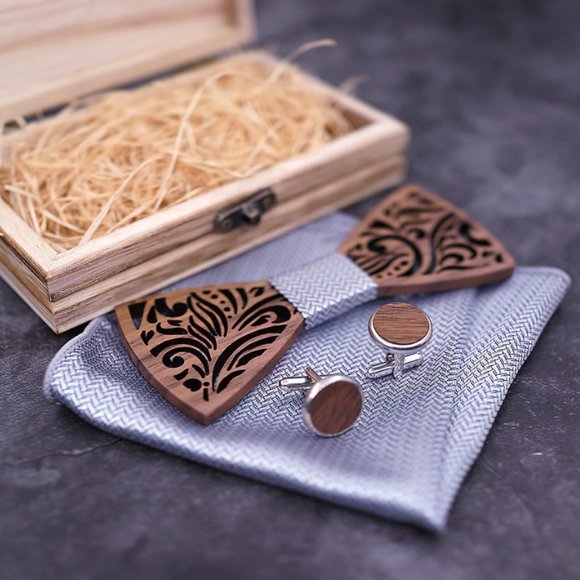 Mens set cufflinks handkerchief bow tie wood - Picture 3 of 3